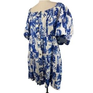 FARM Rio Blue and White Floral Button Front Puff Sleeve Dress